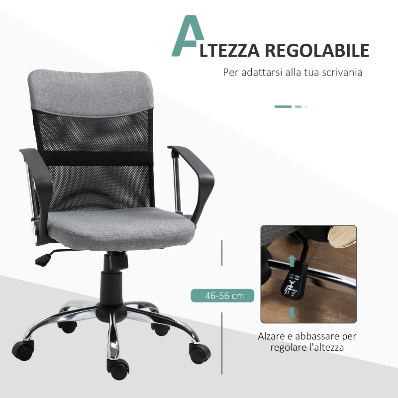 Vinsetto Poltrona da Ufficio in Tessuto Grigio, Sedia Girevole ed Ergonomica per Scrivania, 60 x 66 x 91-101cm