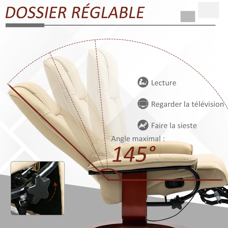 HOMCOM Fauteuil relax inclinable repose-pieds réglable pivotant 360° piètement bois revêtement synthétique crème(m-4)