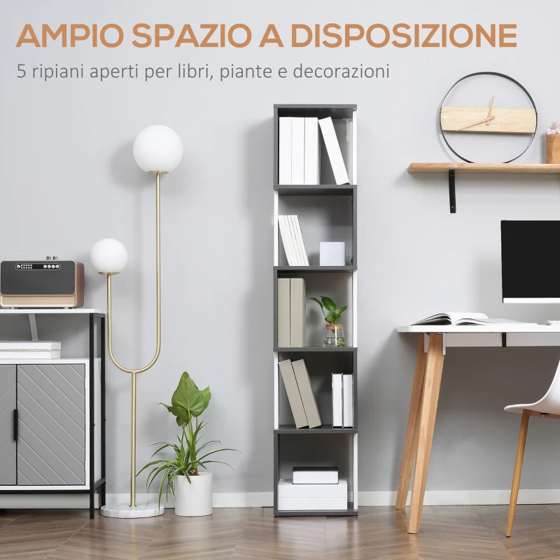 HOMCOM Libreria Moderna Salvaspazio a 5 Ripiani in Legno, 33x28x161cm, Grigio e Bianco