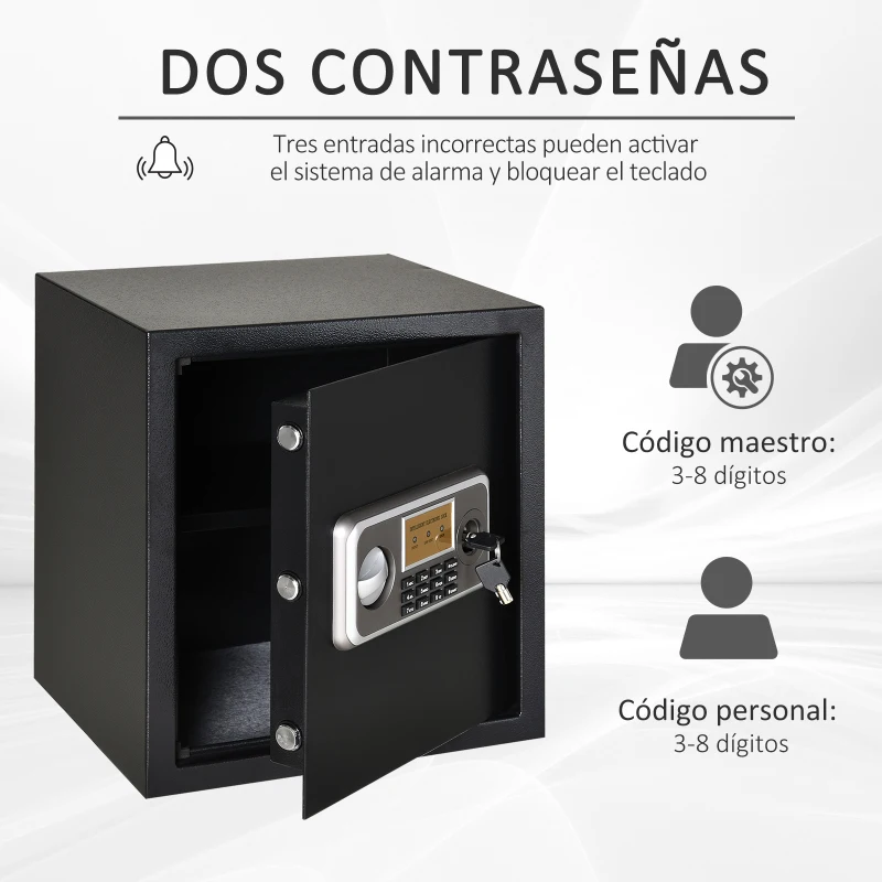 HOMCOM Caja fuerte Electrónica Sólida Caja de Seguridad con Llave 2 Códigos para Casa Oficina Capacidad de 32 L Acero 35x30x39,3 cm Negro