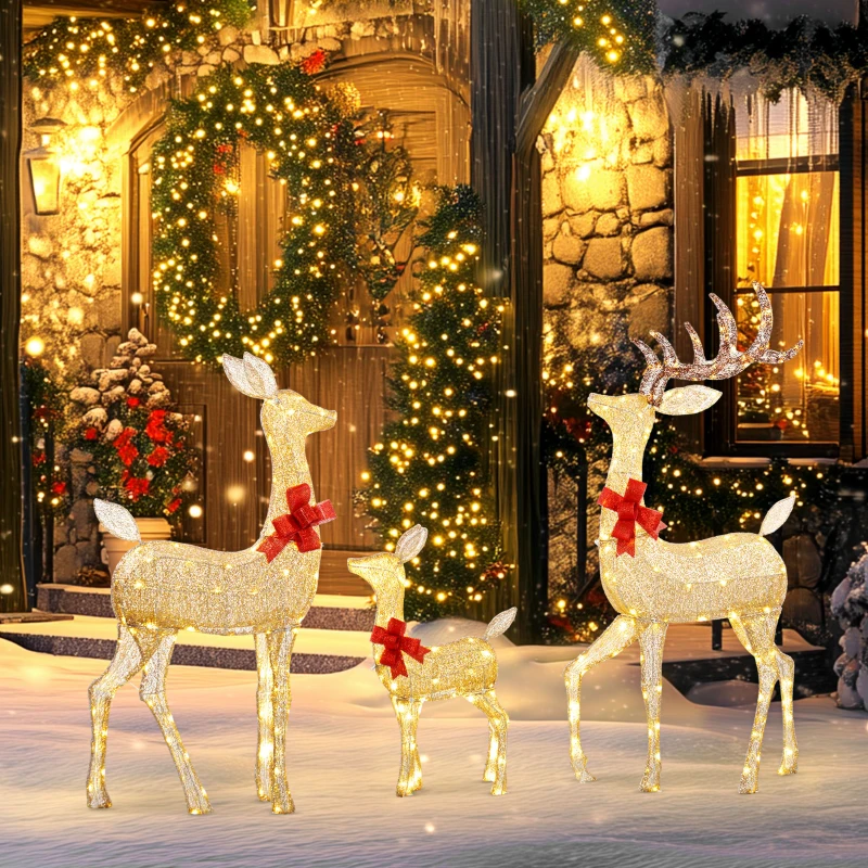 Outsunny Lighted Reindeer Christmas Decorations Outdoor, 3-Piece Light Up Deer Family Set of 3 with 283 LED Lights for Indoor, Lawn, Garden, Gold Tone