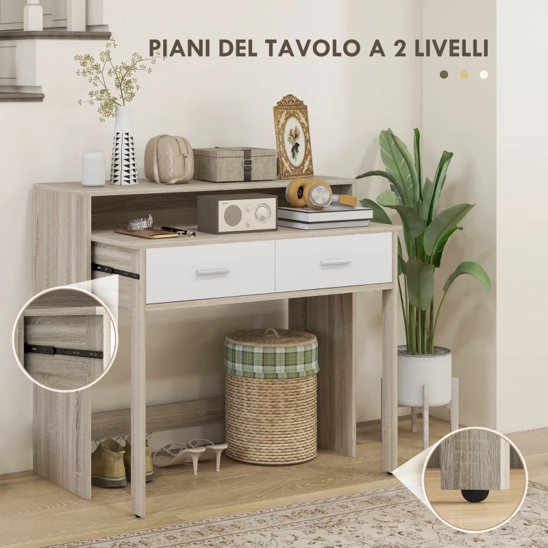 HOMCOM Tavolo Consolle a 2 Livelli con Piano Estraibile e 2 Cassetti in Legno, 95x35x87cm, Rovere