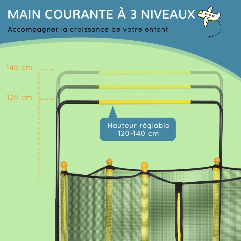 ZONEKIZ Trampoline rond enfant avec filet de protection capacité 50 kg pour adultes et enfants diamètre 140 cm jaune et noir