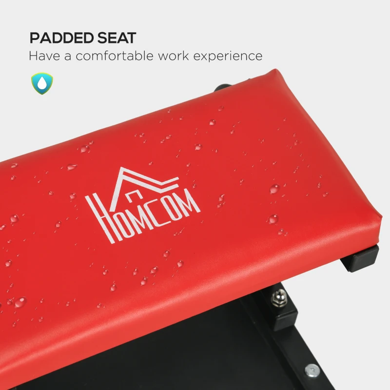 HOMCOM Workshop Stool, Rolling Machine Stool with 360° Swivel, Padded Seat, Tool Tray, Red