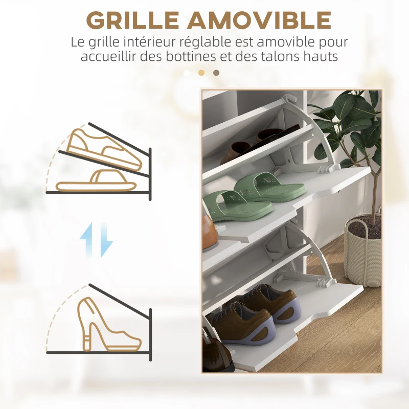 HOMCOM Meuble à chaussures 4 abattants 16 paires avec étagère réglable pieds en bois de pin 95 x 26 x 95 cm blanc