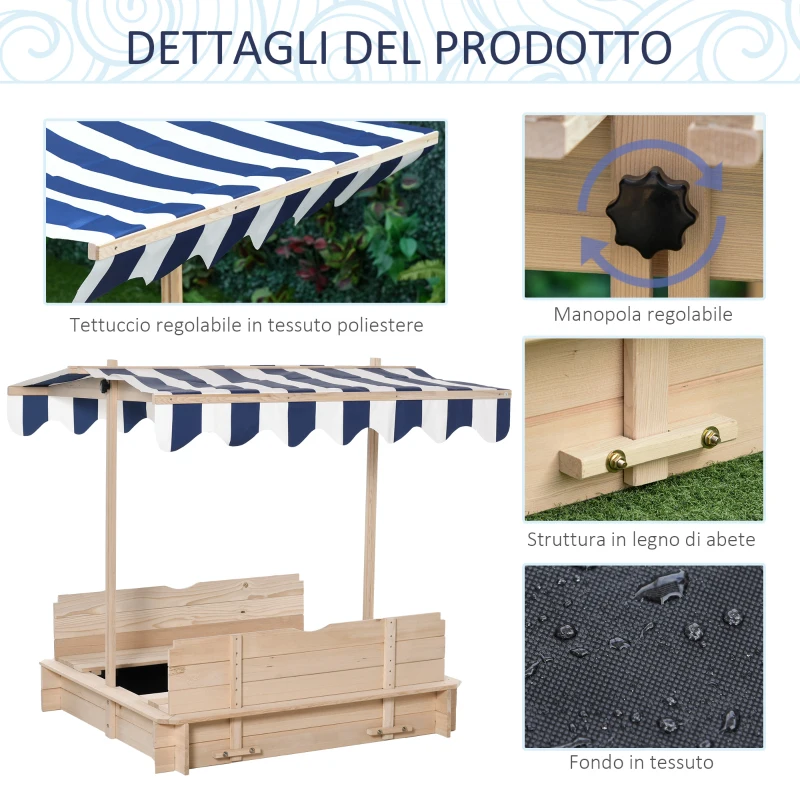 Outsunny Sabbiera per Bambini in Legno con Tettuccio Parasole, Panca e Coperchio, 106x106x115 cm Bianco e Blu