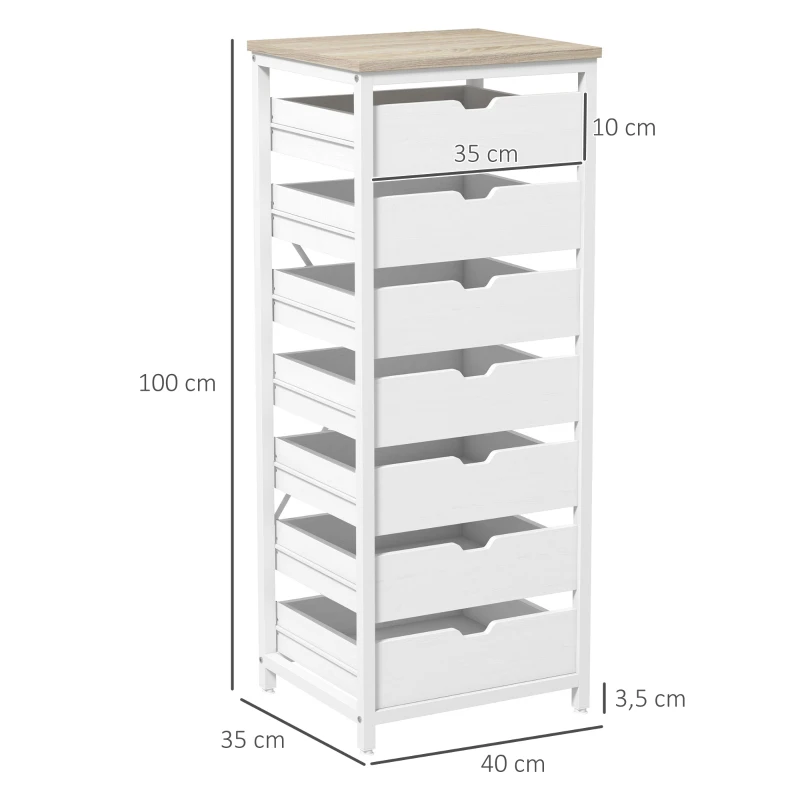 HOMCOM Commode meuble de rangement chiffonier à 7 tiroirs style comtemporain avec cadre en acier et poignées découpées blanc