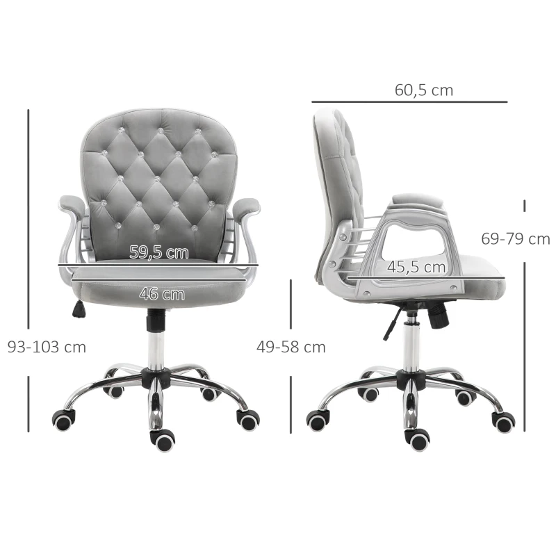 HOMCOM Fauteuil chaise de bureau style contemporain hauteur réglable roulettes pivotant velours 60 x 61 x 95-105 cm gris