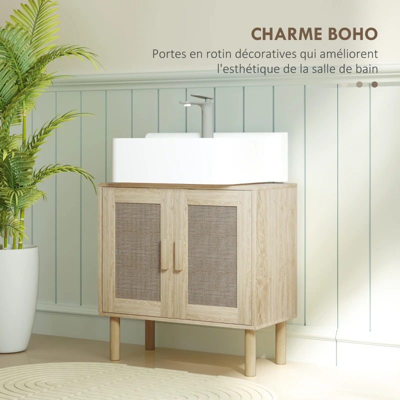 HOMCOM Meuble salle de bain sous lavabo meuble sous lavabo portes en rotin pieds bois de pin 2 niveaux 60 x 30 x 60 cm chêne