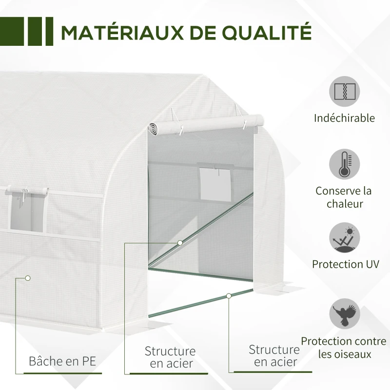Outsunny Serre Tunnel de Jardin 18 m² dim. 5,95L x 3l x 2H m Porte + 8 fenêtres enroulables Acier galvanisé bâche PE Haute densité Blanc