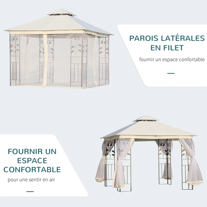 Outsunny Tonnelle barnum style colonial double toit toiles moustiquaires amovibles 3L x 3l x 2,8H m beige
