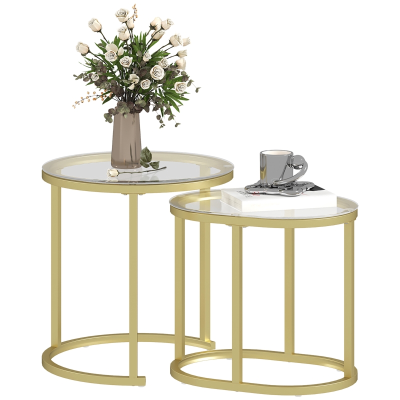 HOMCOM Lot de 2 tables basses tables d'appoint gigognes encastrables structure en acier et plateau verre trempé transparent or