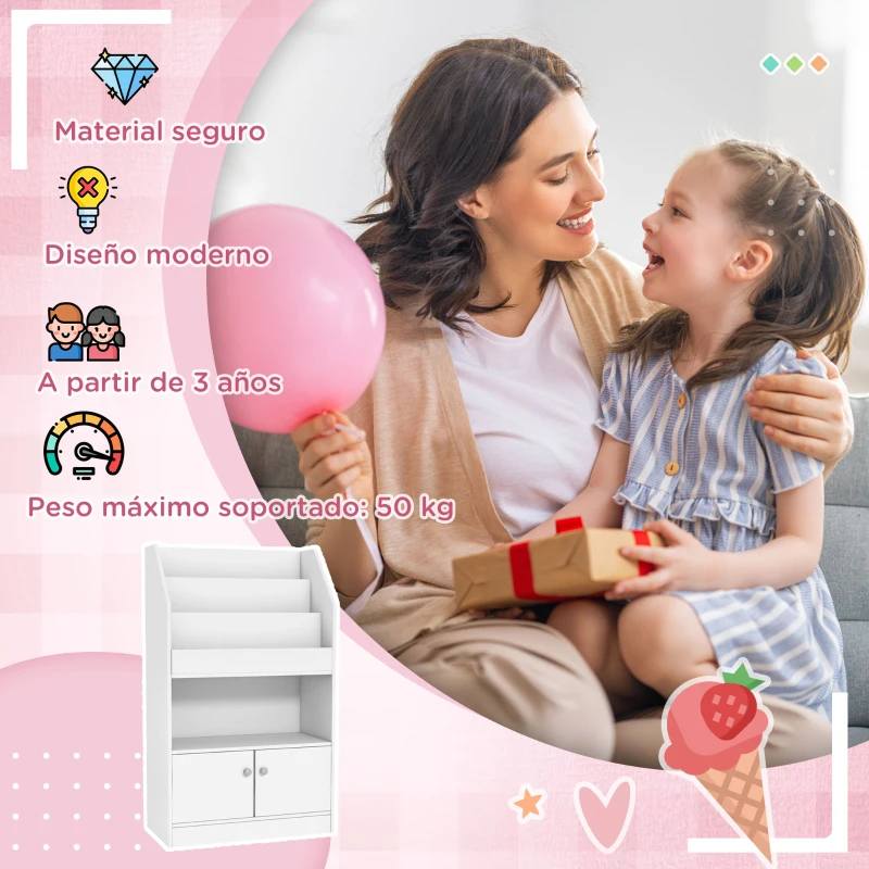 ZONEKIZ Estantería Infantil para Libros y Juguetes con 3 Compartimentos Verticales y Armario para +3 Años 60x29,5x100 cm Blanco