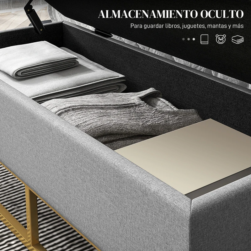 HOMCOM Banqueta con Almacenamiento Banco Rectangular Tapizado con Tapa Abatible y Patas de Acero 110x44x48 cm Gris