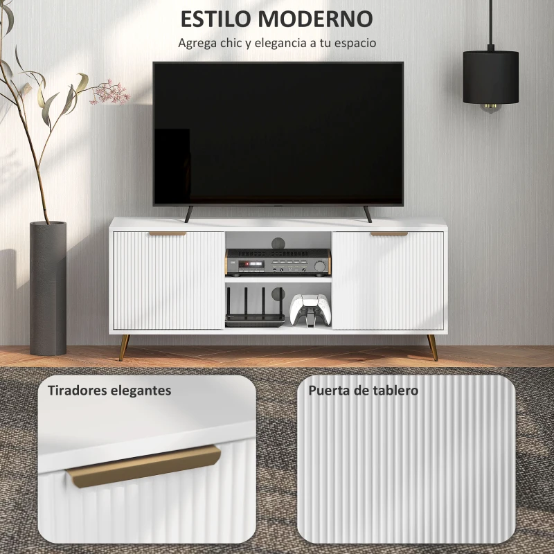 HOMCOM Mueble de TV con 2 Compartimentos Abiertos y 2 Puertas Mueble para Televisión de 55 Pulgadas 120x35x48 cm Blanco