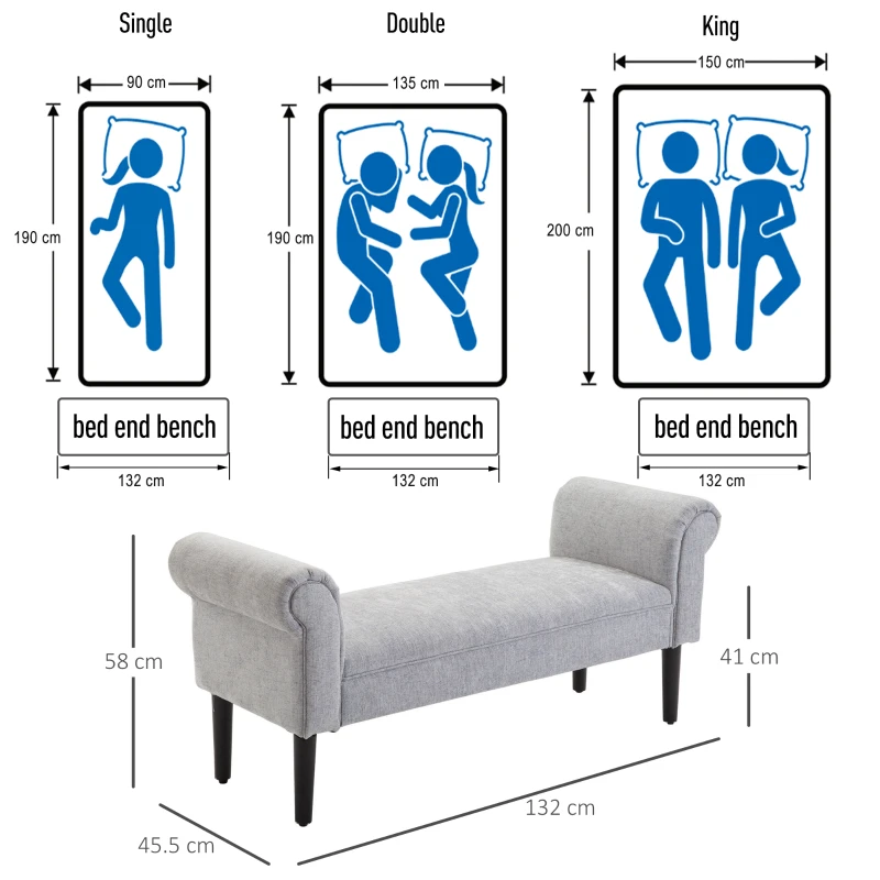 HOMCOM Bed End Bench, Window Seat, Linen Chaise Lounge Sofa with Arm and Wooden Legs for Bedroom, Living Room, Grey