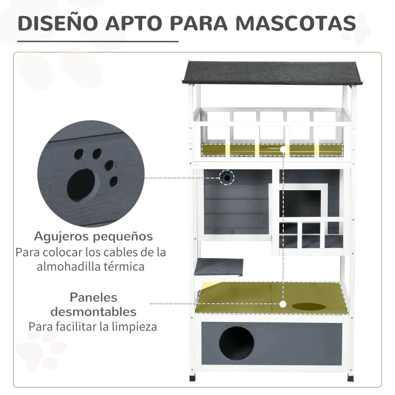 PawHut Caseta para Gatos de Madera 75,5x75x137 cm con Techo Asfáltico Plataformas para Interior y Exterior Gris