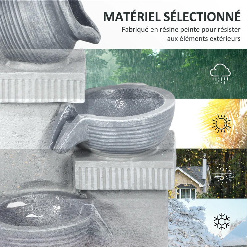 Fontaine de jardin Outsunny à énergie solaire fontaine à cascade en résine à 4 niveaux avec lumières LED et pompe gris