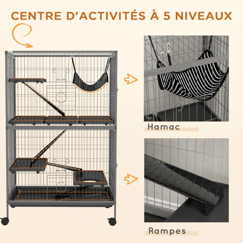 PawHut Cage pour rongeurs Multifonction 4 Plateformes 3 rampes 4 Portes dim. 80L x 52l x 128H cm acier Gris argenté Noir