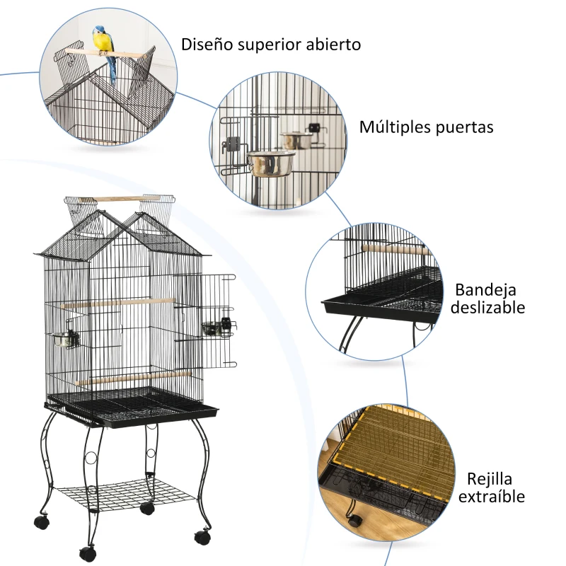 PawHut Jaula de Pájaros con Soporte Ruedas Bandeja Extraíble y Comederos para Canarios Periquitos 50x58x137-145 cm Negro
