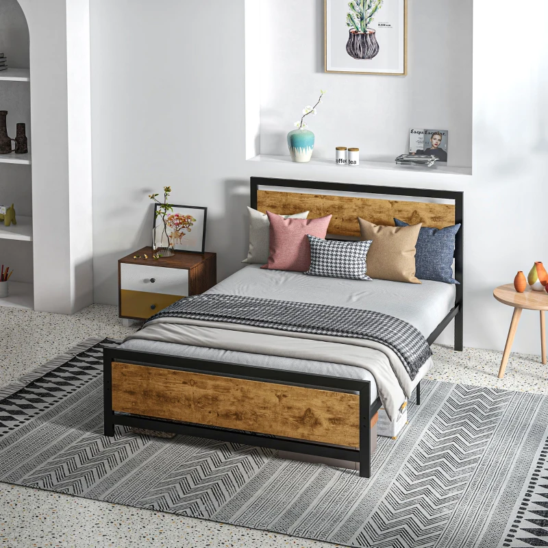 HOMCOM Struttura Letto Una Piazza e Mezza in Legno e Acciaio con Doghe in Stile Industriale, 140x200cm