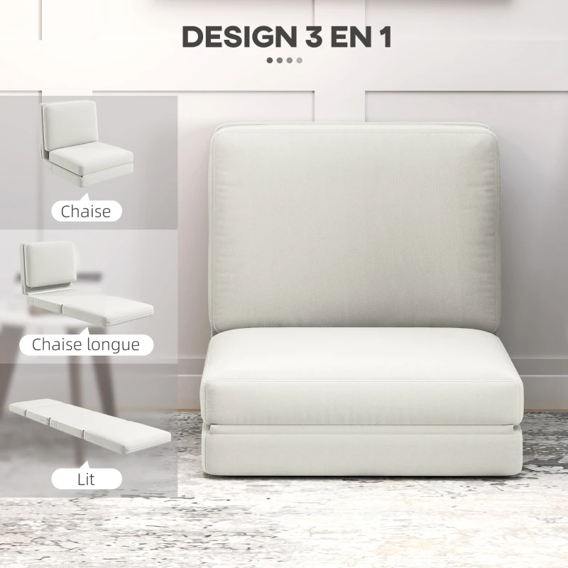 HOMCOM Canapé convertible 1 place fauteuil paresseux canapé-lit en velours pour invités, salon, 75 x 268 x 18 cm, crème