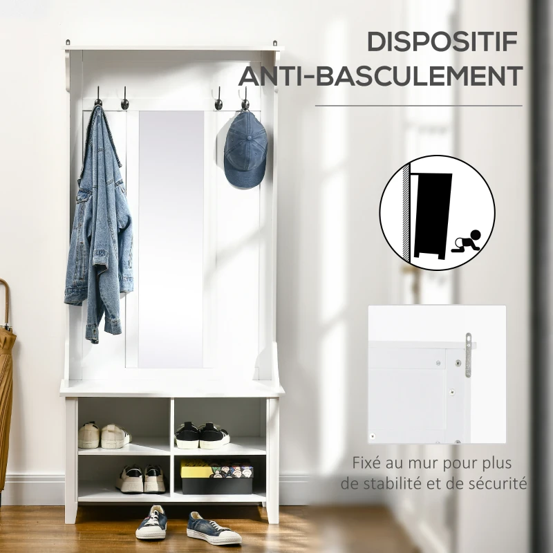 HOMCOM Porte-Manteau vestiaire d'entrée avec Banc à Chaussures et Miroir dim. 80L x 40l x 170H cm 4 étagères 4 patères Double Crochet bois Blanc