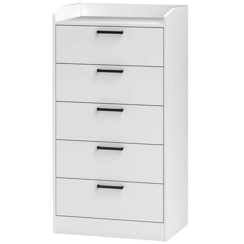 HOMCOM Cassettiera 5 Cassetti in Legno con Maniglie in Acciaio, 60x40x114 cm, Bianco