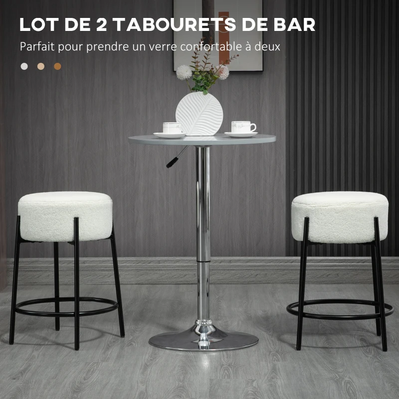 HOMCOM Lot de 2 tabourets de bar avec repose-pieds acier et revêtement effet laine bouclée hauteur 62 cm blanc et noir