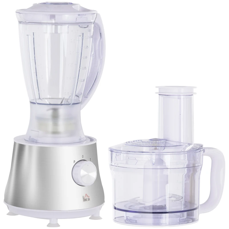 HOMCOM Food Processor with 1L Bowl, 1.5L Blender, Knife Blades, Reversible Slicing and Grating Discs, Adjustable Speed and Pulse, 500W