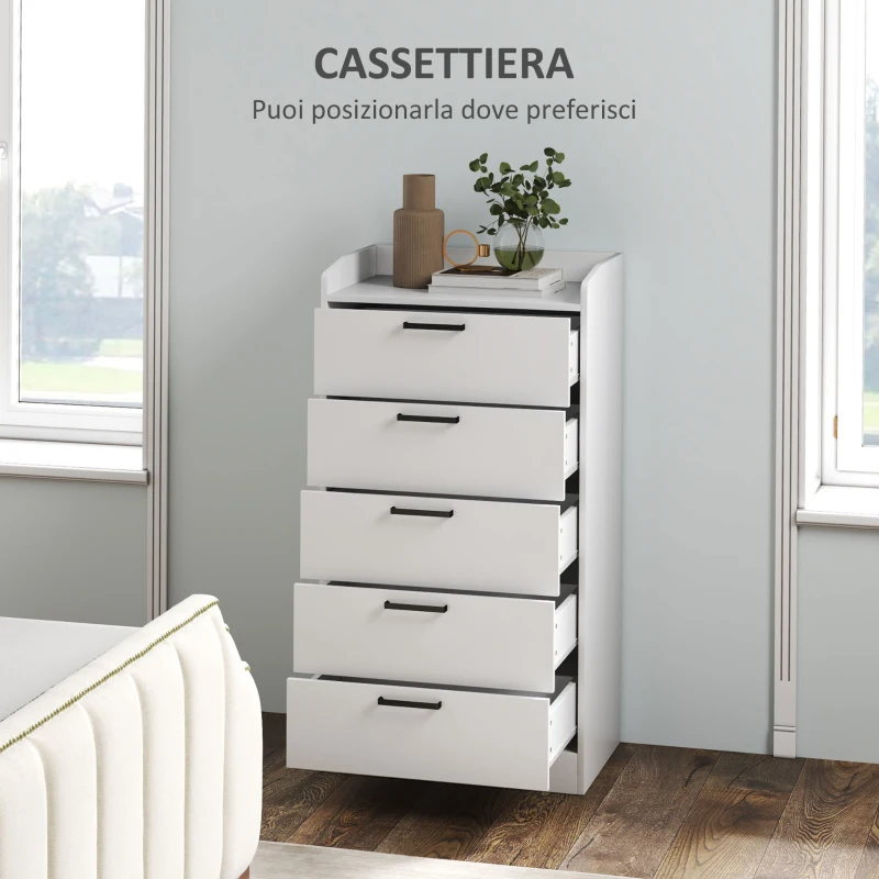 HOMCOM Cassettiera 5 Cassetti in Legno con Maniglie in Acciaio, 60x40x114 cm, Bianco