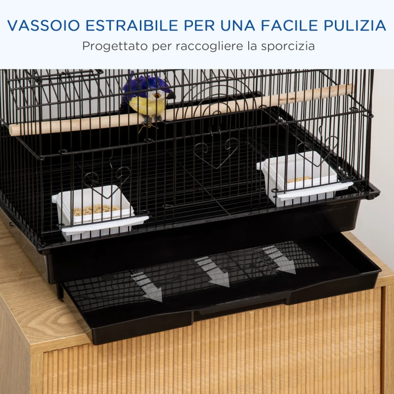 PawHut Gabbia per Uccelli con Maniglia di Trasporto e Vassoio Estraibile, in Metallo e Plastica, 50.5x41x63 cm, Nero