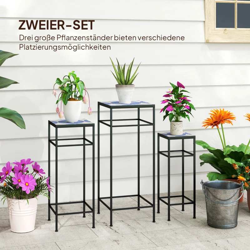 Outsunny Set van 3 Plantenstandaards, 3 Maten Rekken voor het Presenteren van Bloemen en Overige Objecten, Blauw+Wit