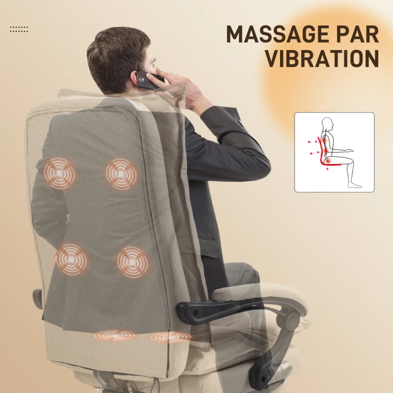 Vinsetto Fauteuil de bureau massant avec hauteur réglable, dossier inclinable, repose-pied intégré et télécommande filaire beige