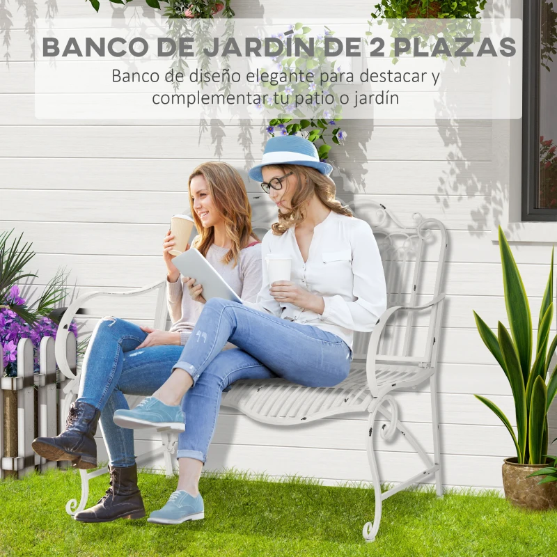 Outsunny Banco de Jardín de 2 Plazas 110x60x97 cm Banco de Exterior de Metal con Respaldo Decorativo y Reposabrazos para Terraza Balcón Patio Carga 200 kg Blanco