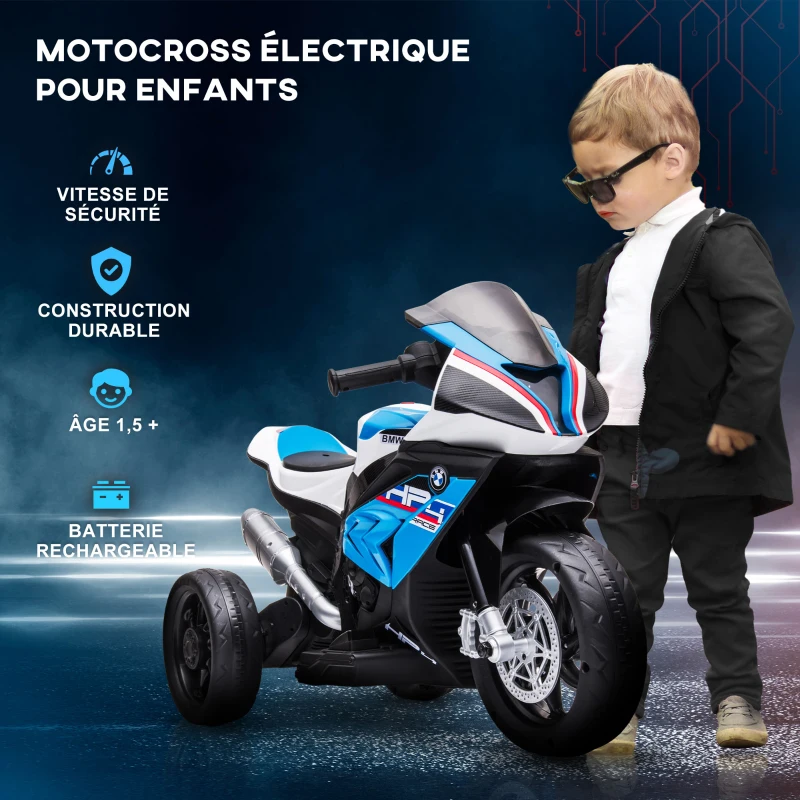 HOMCOM Moto électrique pour enfants 3 roues 6 V 2,5 Km/h musique interface USB  82,5 x 42 x 54 cm bleu