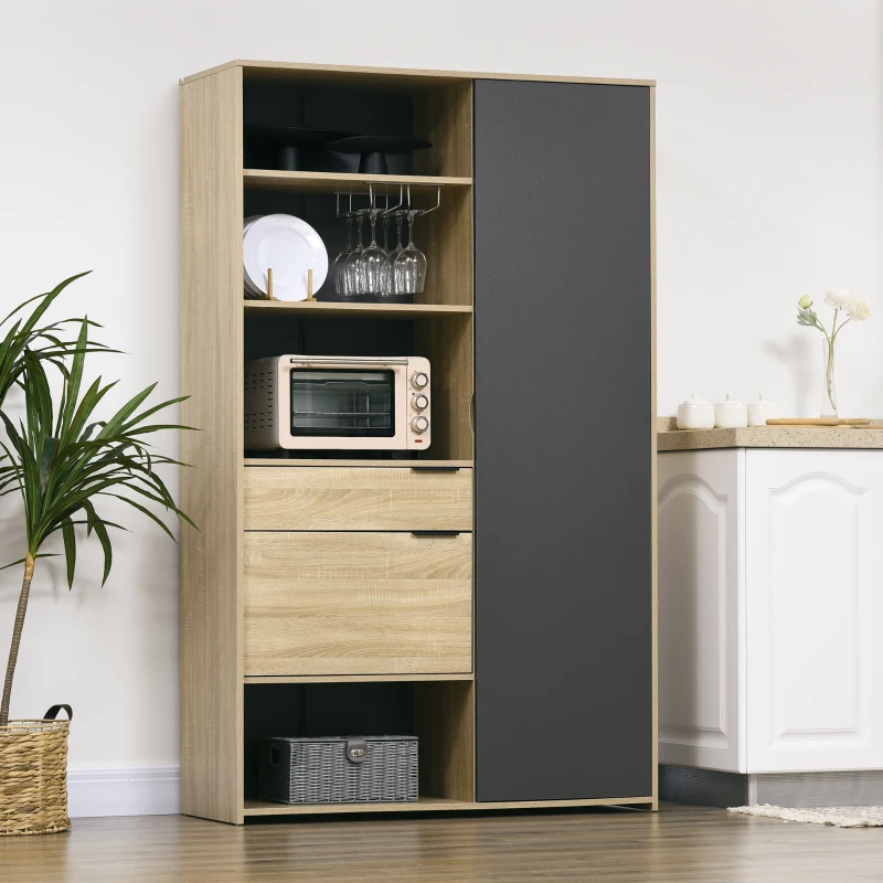 HOMCOM Kitchen Cupboard, Freestanding Storage Cabinet with 3 Adjustable Shelves, Drawer and Stemware Rack for Living Room, Dining Room, Natural