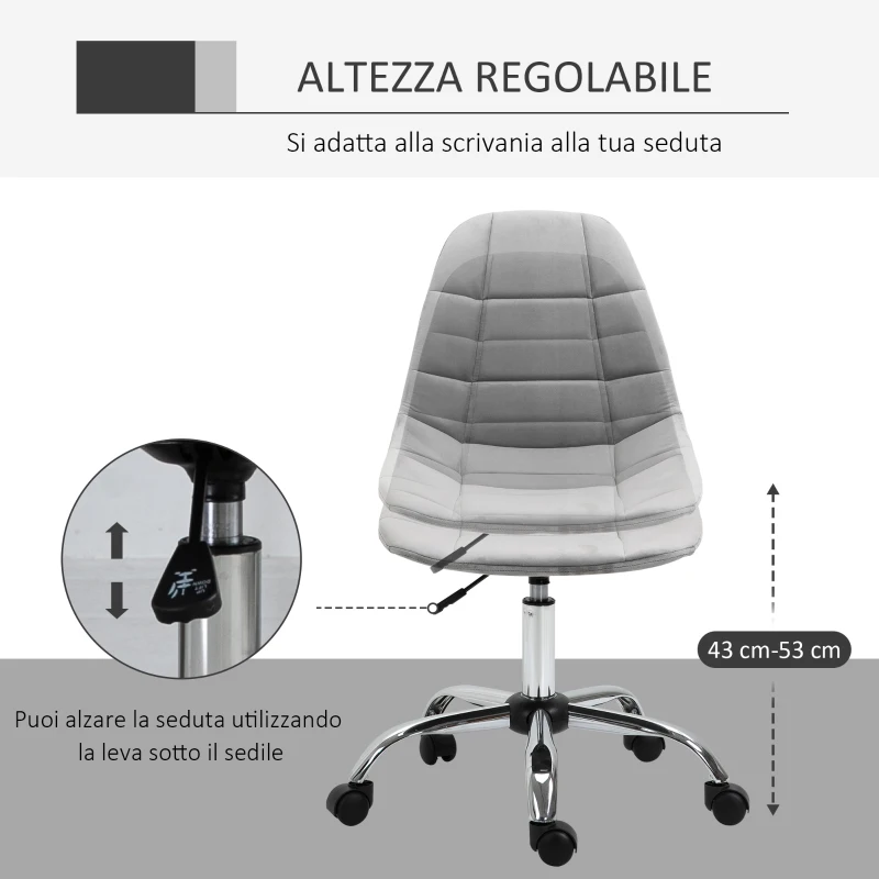 Vinsetto Sedia Girevole , Design Ergonomico e Regolabile Senza Braccioli, Grigio, 59x59x81-91cm