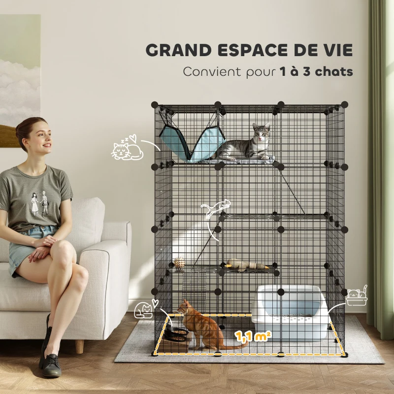 PawHut Clôture pour animaux domestiques lapin enclos intérieur 4 niveaux modulable panneaux grillagés 105 x 105 x 140 cm noir