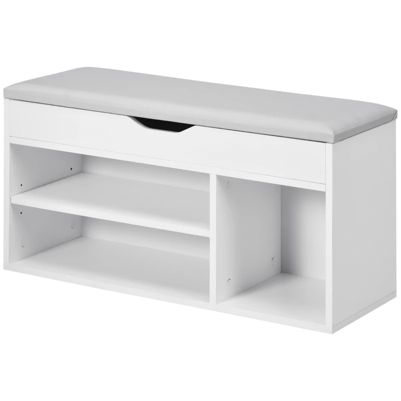 HOMCOM Armario Zapatero para Almacenamiento Banco de Zapatero con Asiento Estantes Cajón y Cojín Dos Niveles para Entrada y Recibidores Moderno Carga Max 120kg 80x30x43cm Blanco