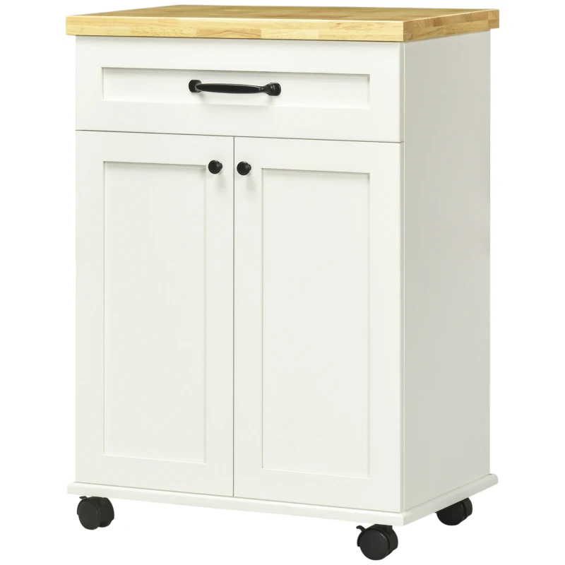 HOMCOM Desserte de cuisine à roulettes multi-rangements 1 tiroir 1 placard 1 portes-torchons blanc et plateau en bois