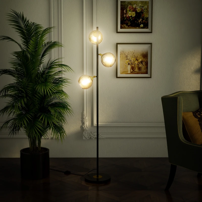 HOMCOM Lampada da Terra in Metallo ad Albero con 3 Paralumi in Vetro, Ø36x162 cm, Nero e Grigio
