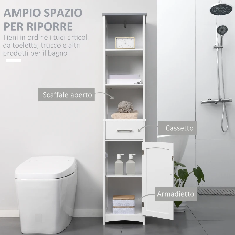 kleankin Armadietto Bagno con Scaffale a 3 Livelli, 1 Cassetto e 1 Mobiletto, 34x30x163cm