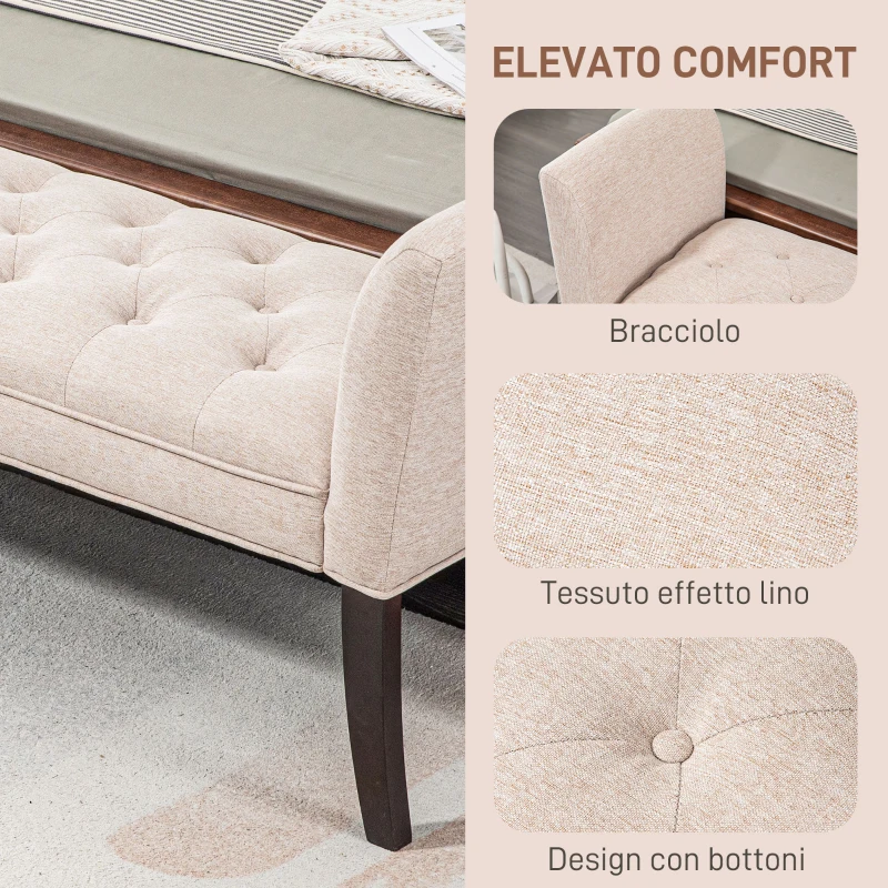 HOMCOM Panca Fondo Letto Imbottita e a Bottoni, in Tessuto Effetto Lino e Legno, 141x44x65 cm, Beige