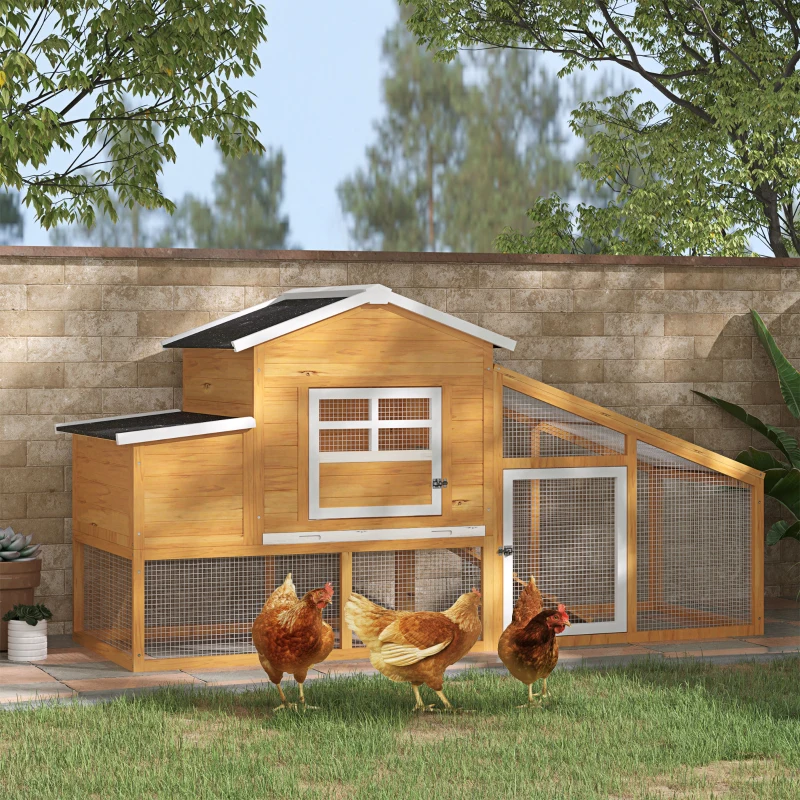 PawHut Pollaio per Galline Ovaiole da Esterno con Zona di Corsa, Pollaio per Galline da Esterno con Zona di Nidificazione e Vassoio Estraibile da Giardino in Legno, 200x80x105 cm