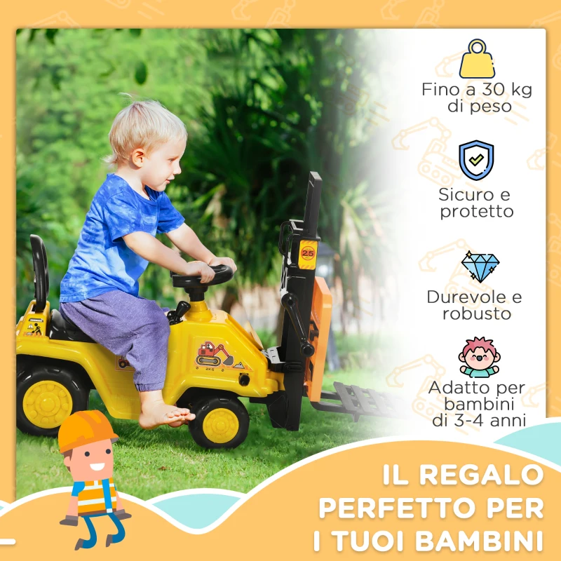 HOMCOM Trattore a Pedali per Bambini 3-4 Anni con Muletto e Spazio Portaoggetti, 86x27.5x47.5 cm, Giallo e Nero