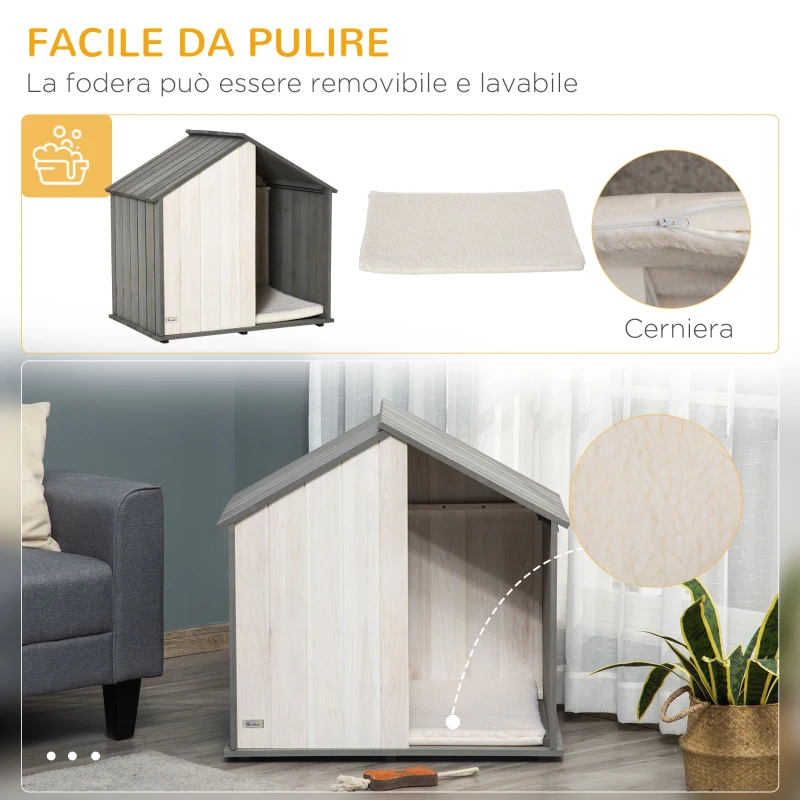PawHut Cuccia per Cani a Casetta in Legno, per Animali Fino a 15kg, Grigio e Bianco