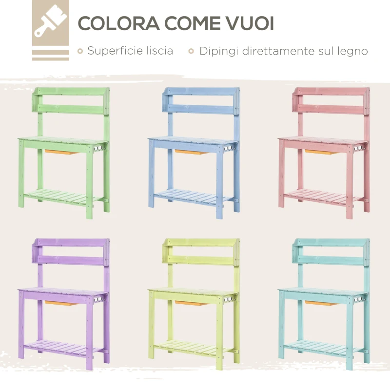 Outsunny Banco da Lavoro per Giardinaggio in Legno Naturale con Vaschetta Integrata, Mensole e Ganci 100x40x140cm