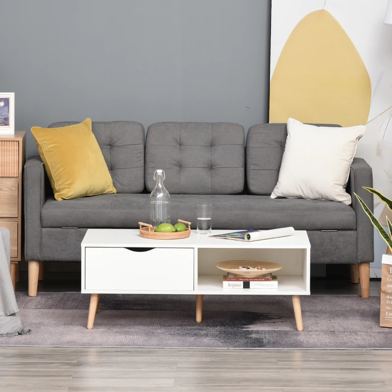 HOMCOM Table Basse rectangulaire Design scandinave Grande Niche et tiroir Coulissant Bois Massif pin Panneaux Particules Blanc