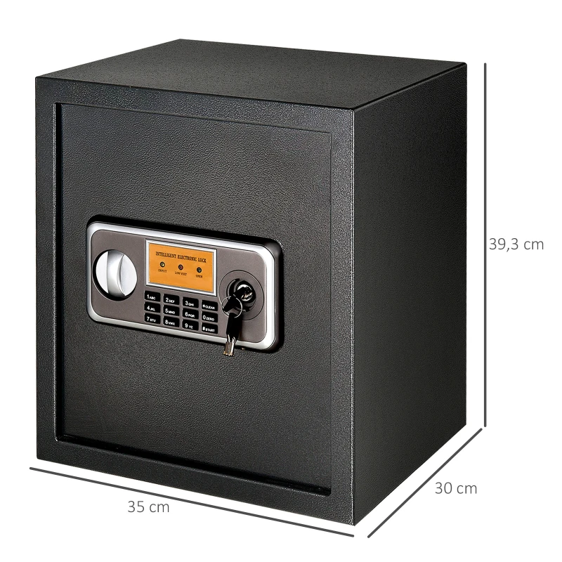 HOMCOM Caja fuerte Electrónica Sólida Caja de Seguridad con Llave 2 Códigos para Casa Oficina Capacidad de 32 L Acero 35x30x39,3 cm Negro